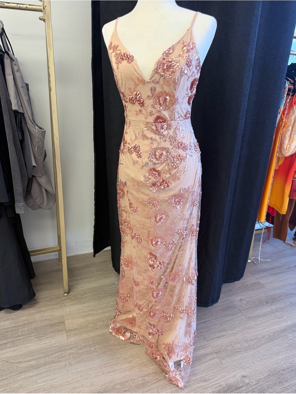 Lulus Rose Gold Sequin Embroidered Maxi Dress Size S